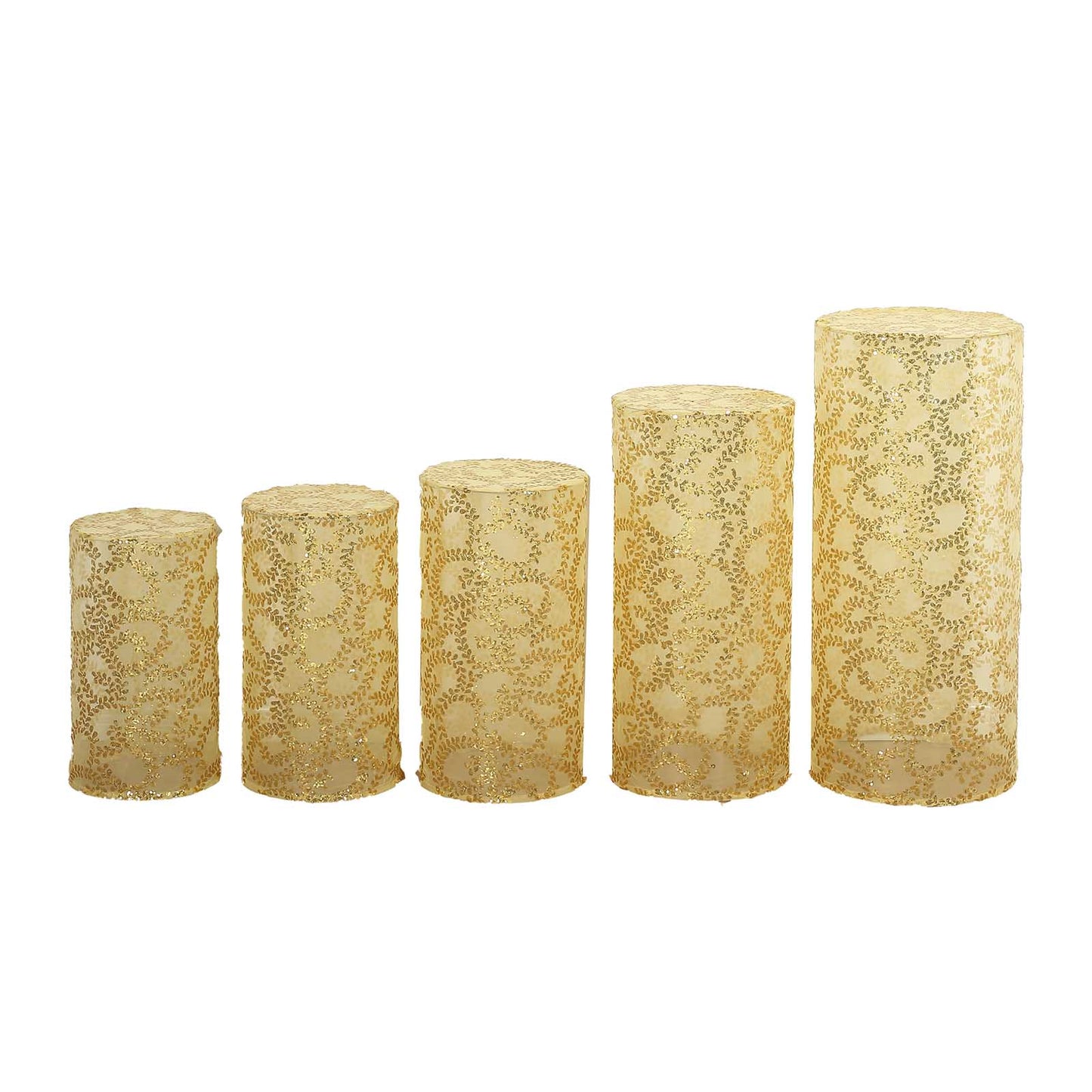 Gold sequin mesh cylinder pedestal stand covers with leaf vine embroidery.