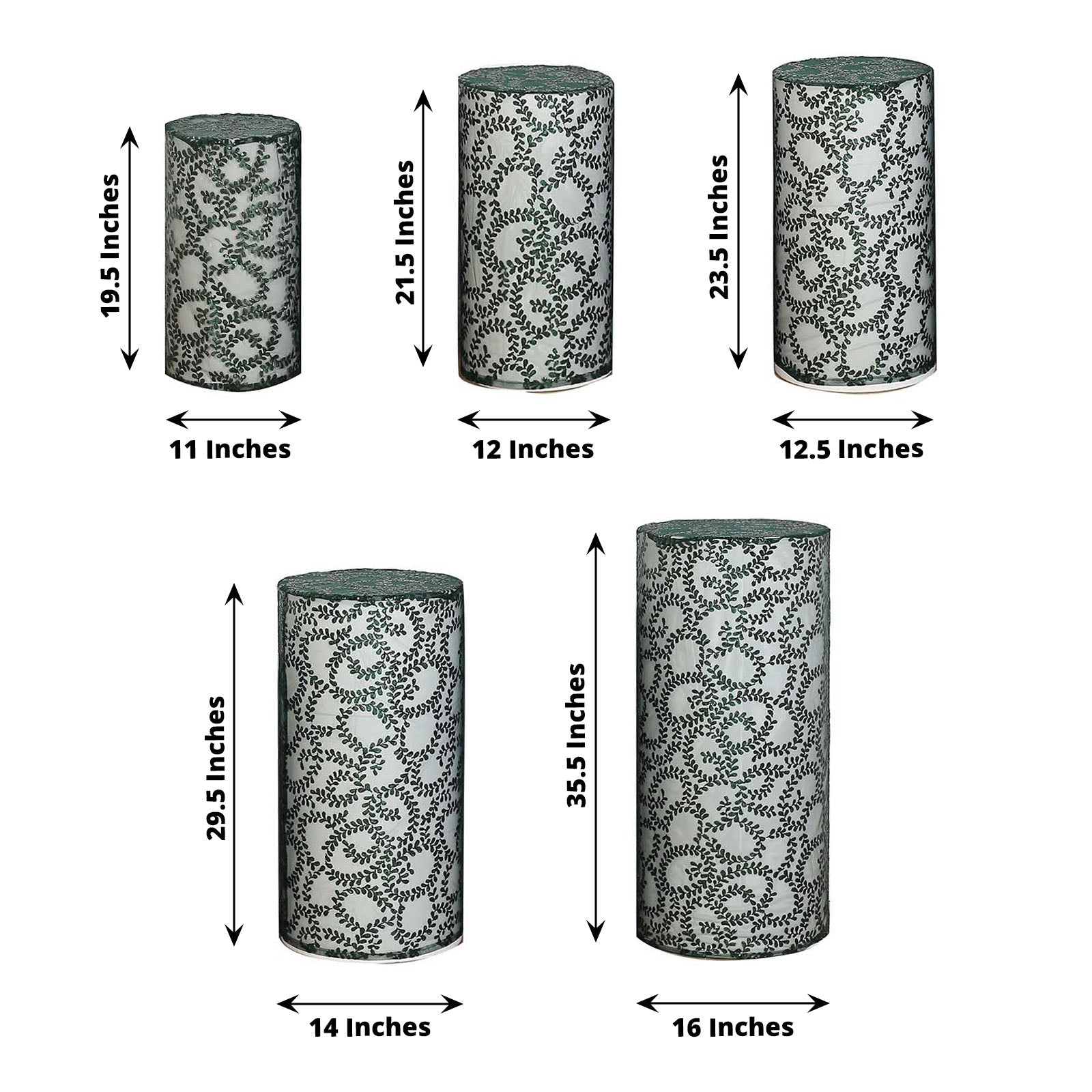 Emerald green sequin mesh cylinder pedestal stand covers with leaf vine embroidery.
