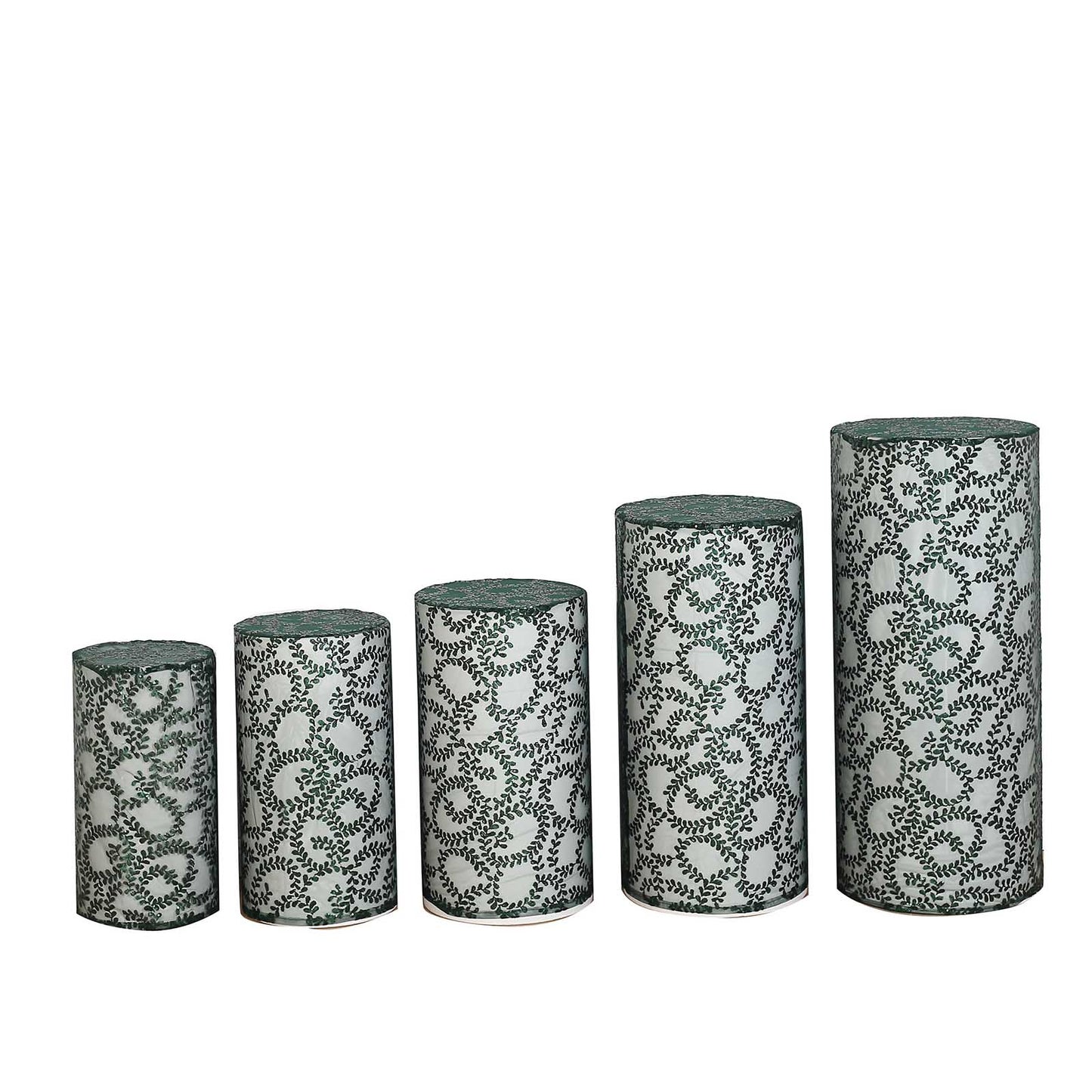 Emerald green sequin mesh pedestal stand covers with leaf vine embroidery.