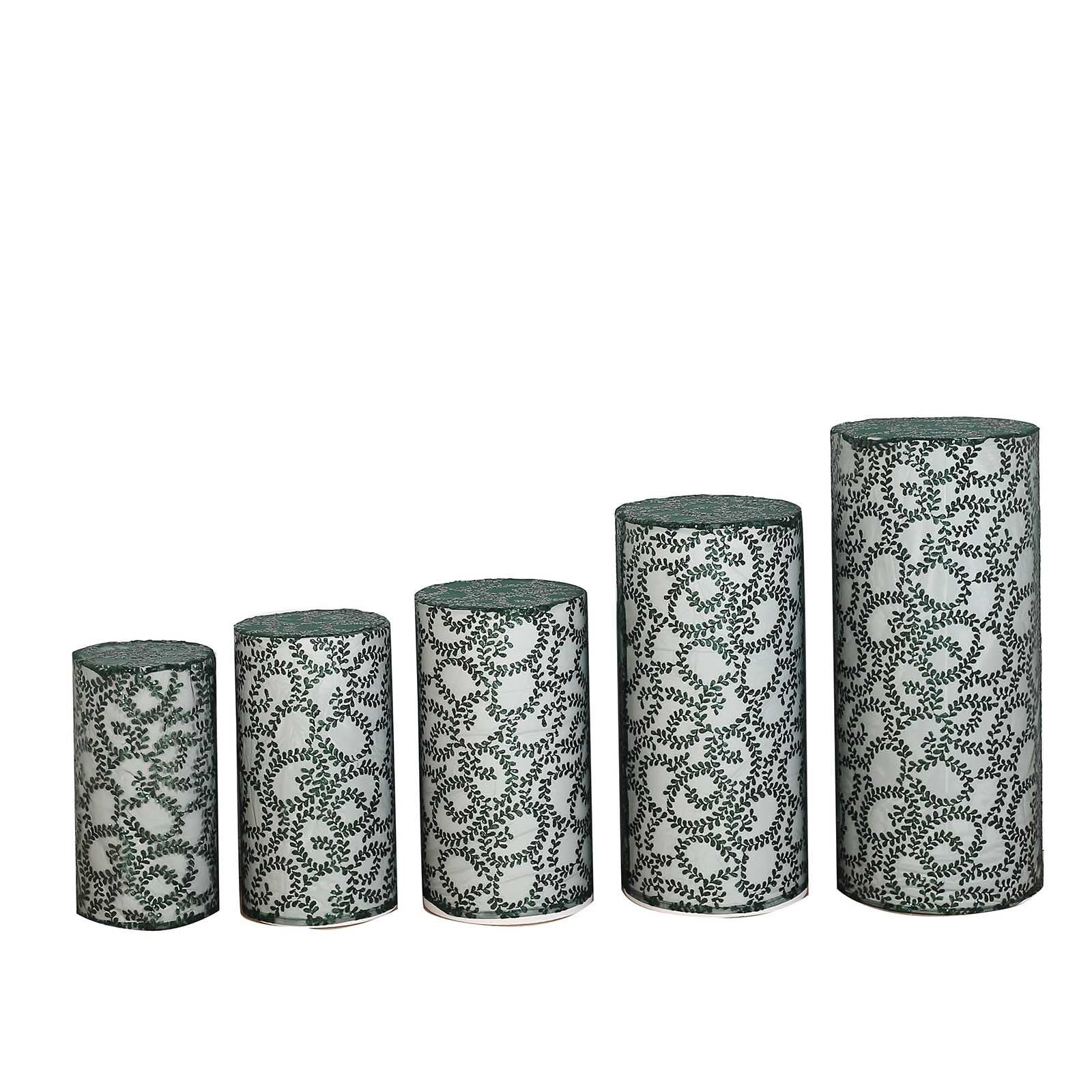 Emerald green sequin mesh pedestal stand covers with leaf vine embroidery.