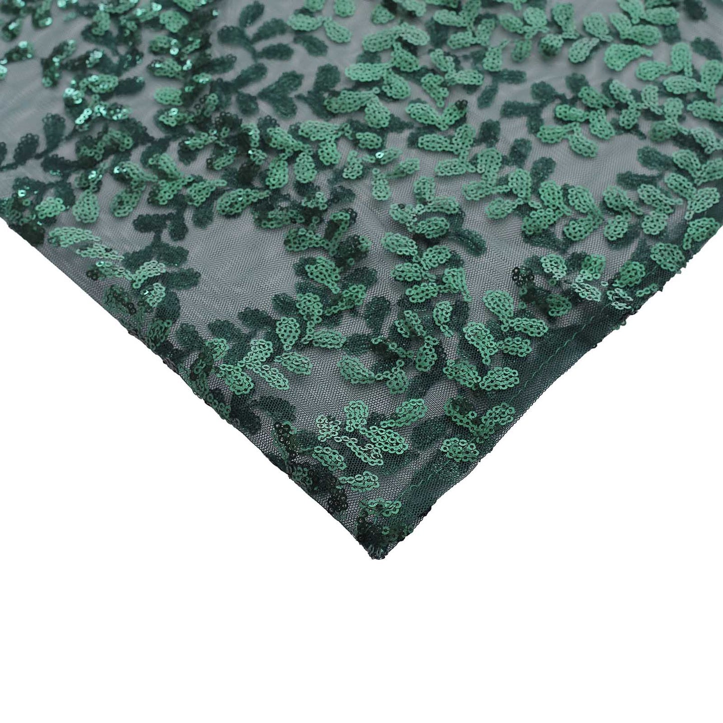 Emerald green sequin mesh pedestal stand cover with leaf vine embroidery.