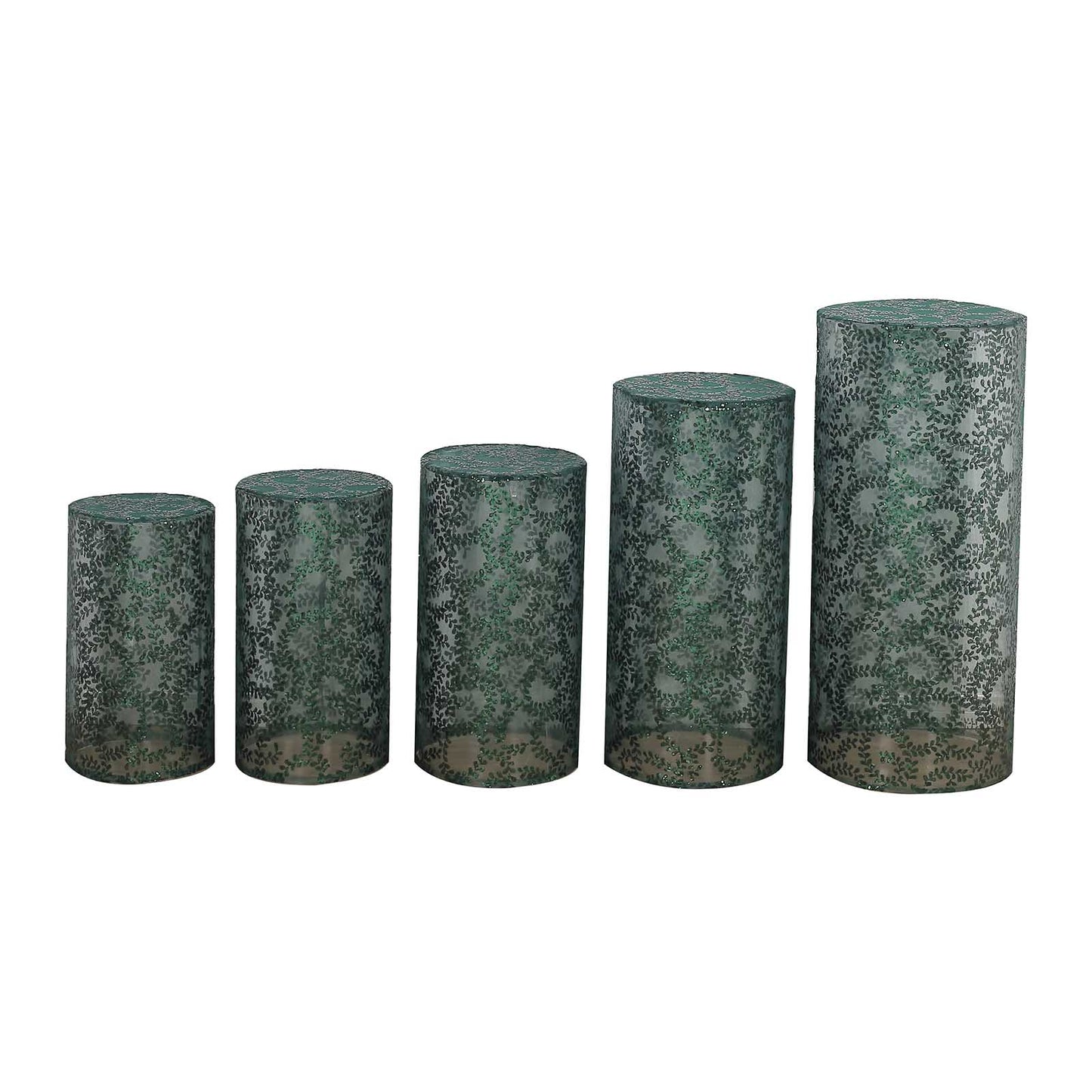 Emerald green sequin mesh cylinder pedestal stand covers with leaf embroidery.