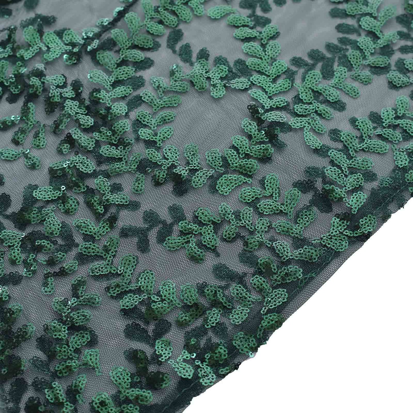 Emerald green sequin mesh pedestal stand cover with leaf vine embroidery.