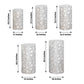 Set of 5 silver sequin mesh cylinder pedestal stand covers with leaf vine embroidery.