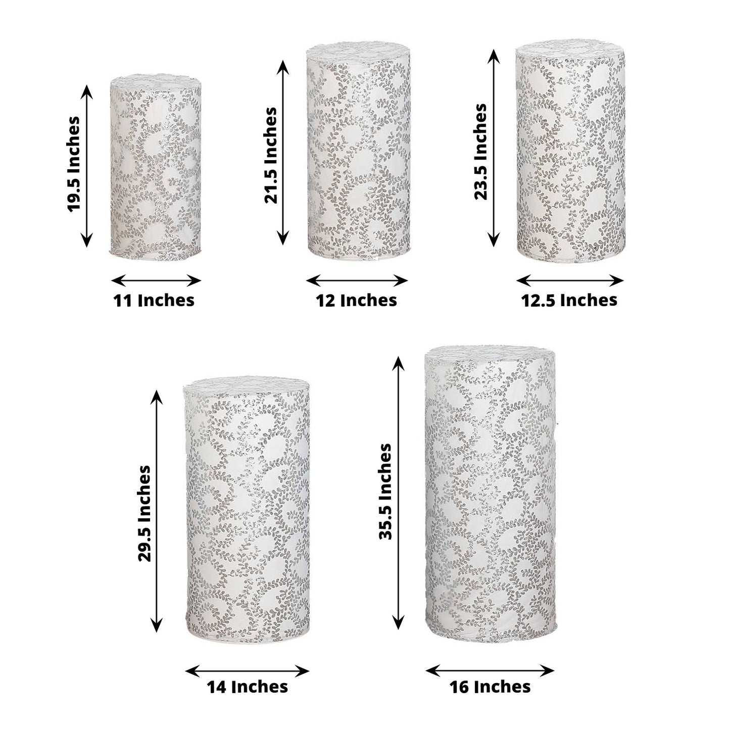 Set of 5 silver sequin mesh cylinder pedestal stand covers with leaf vine embroidery.