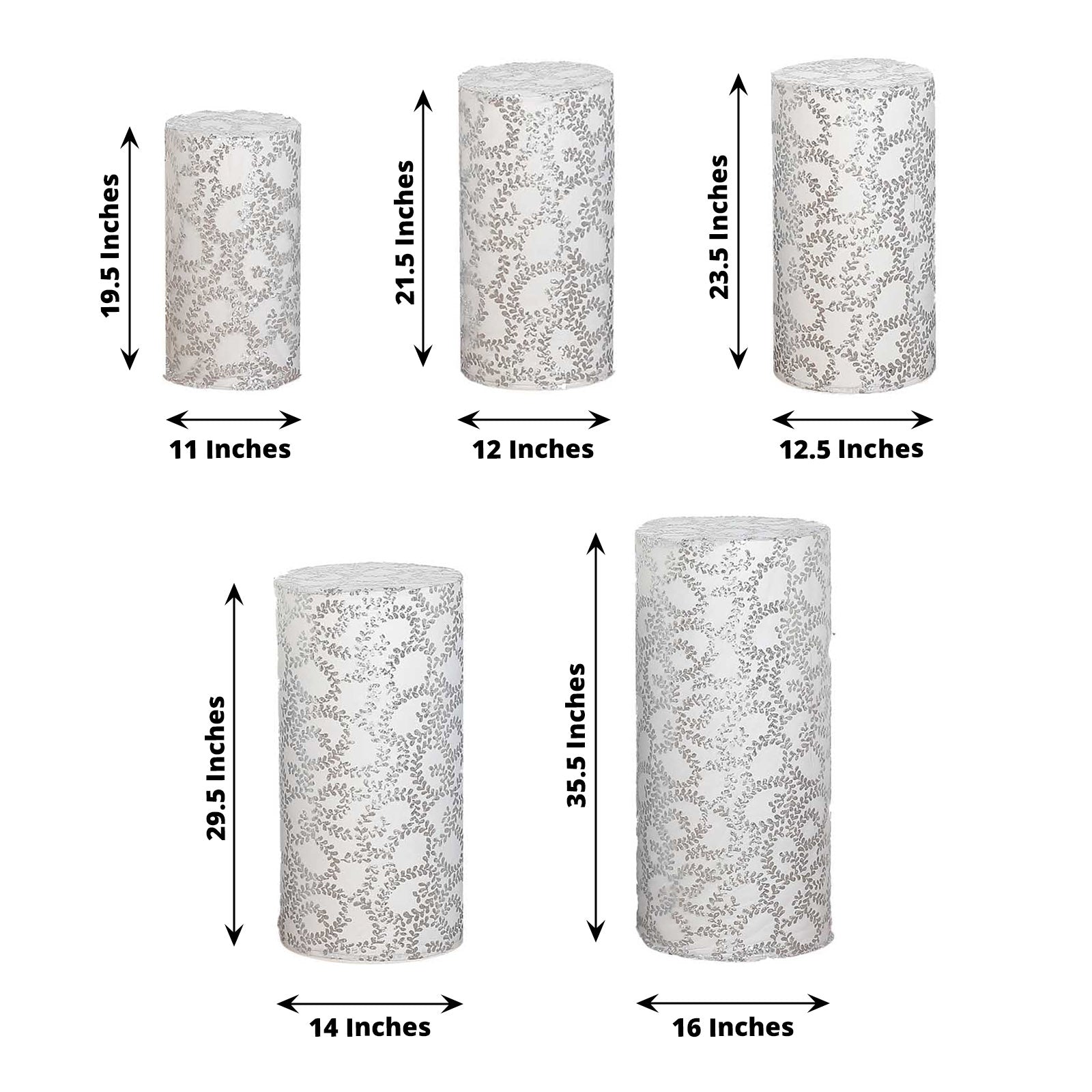 Set of 5 silver sequin mesh cylinder pedestal stand covers with leaf vine embroidery.