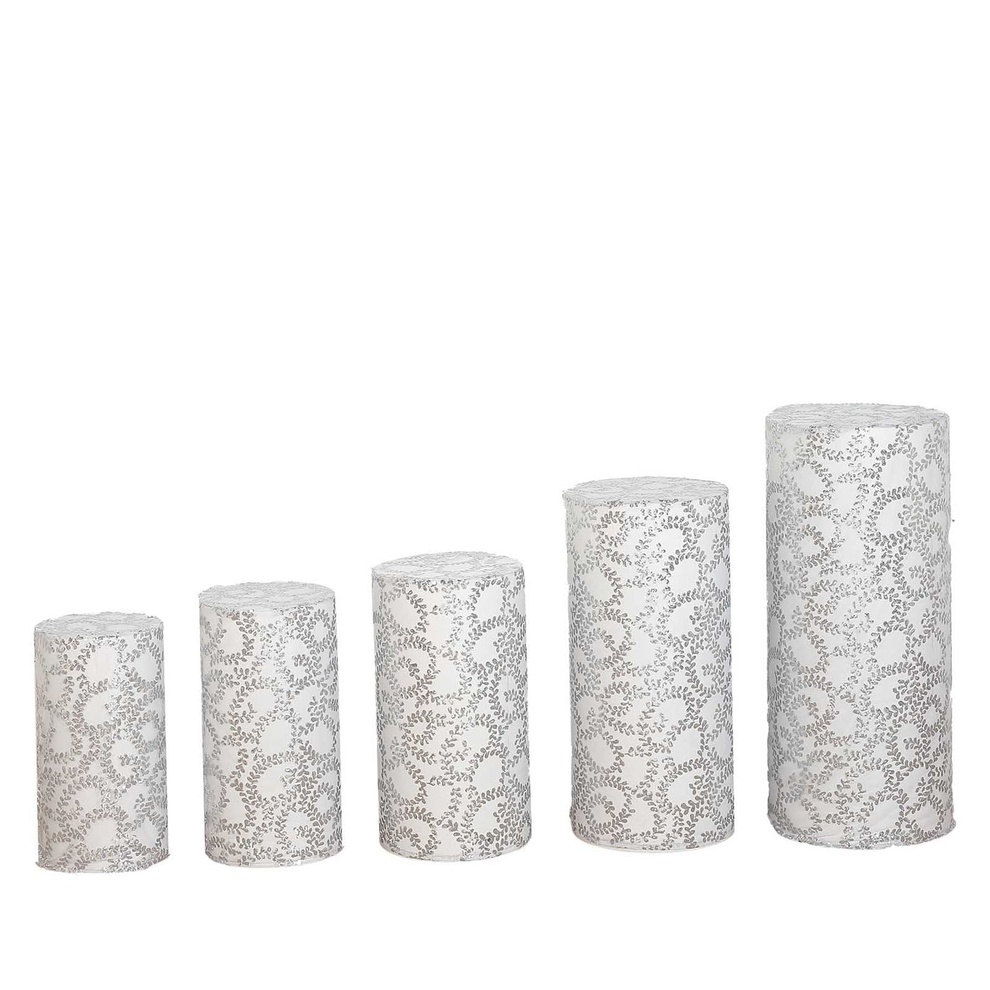 Silver sequin mesh pedestal stand covers with leaf vine embroidery.