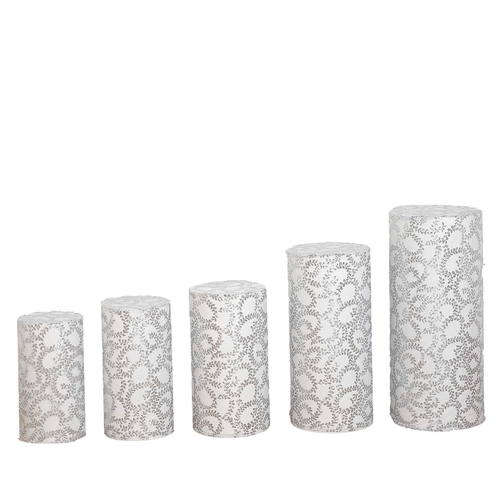 Silver sequin mesh pedestal stand covers with leaf vine embroidery.