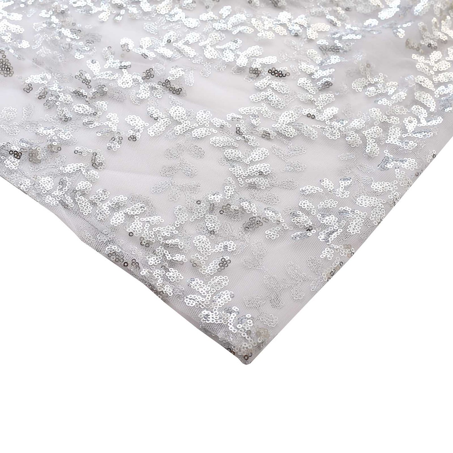 Silver sequin mesh pedestal stand covers with leaf vine embroidery.