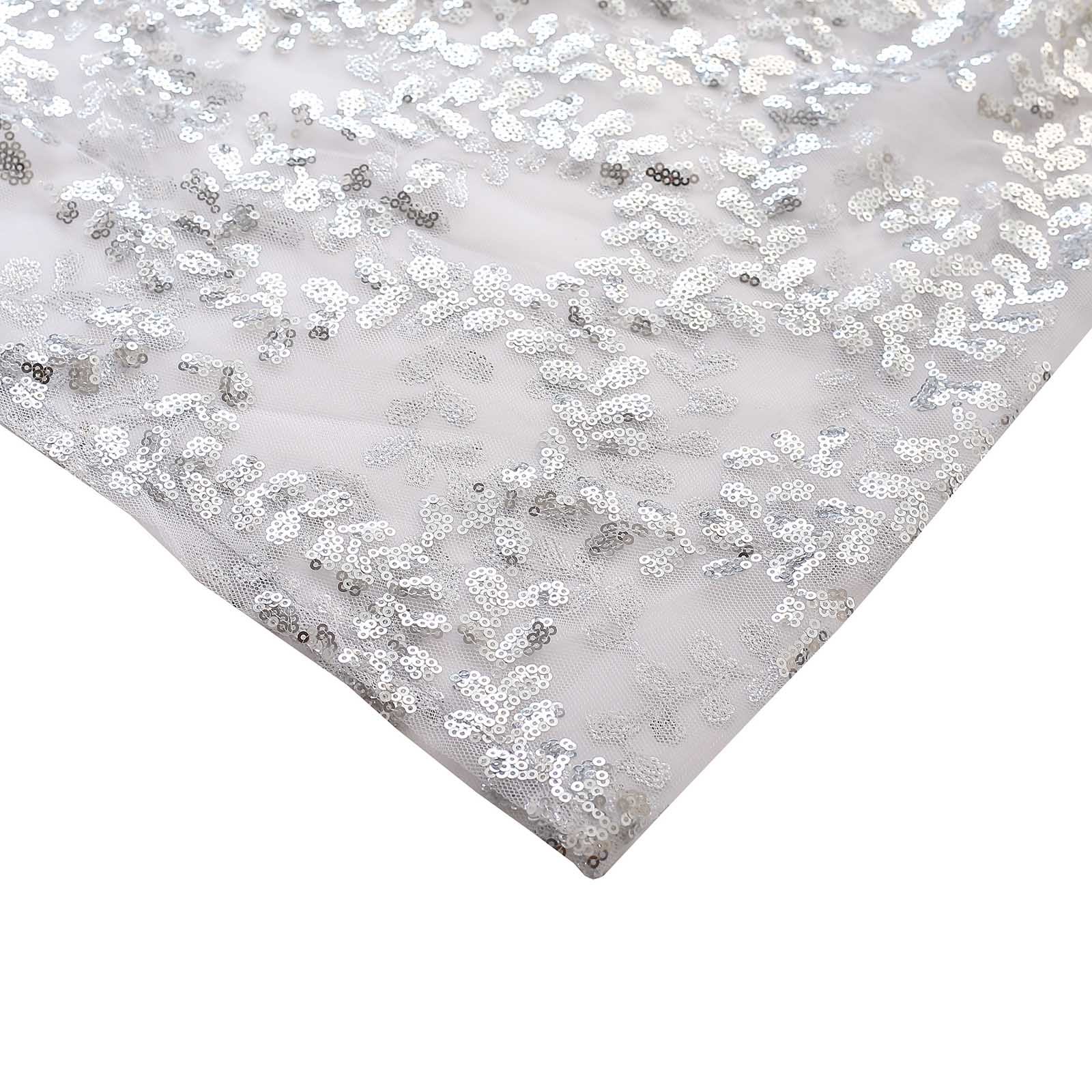 Silver sequin mesh pedestal stand covers with leaf vine embroidery.