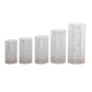 Set of 5 silver sequin mesh cylinder pedestal stand covers with leaf vine embroidery.