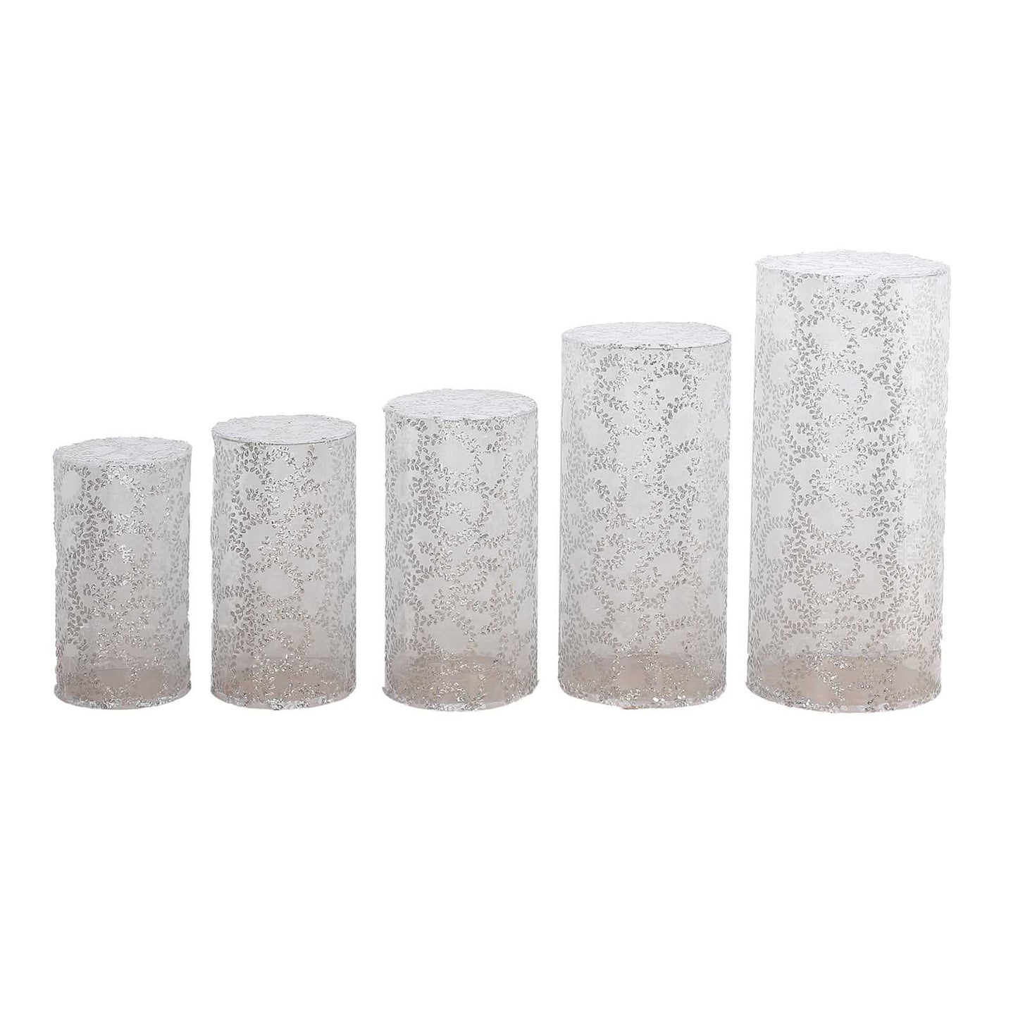 Set of 5 silver sequin mesh cylinder pedestal stand covers with leaf vine embroidery.