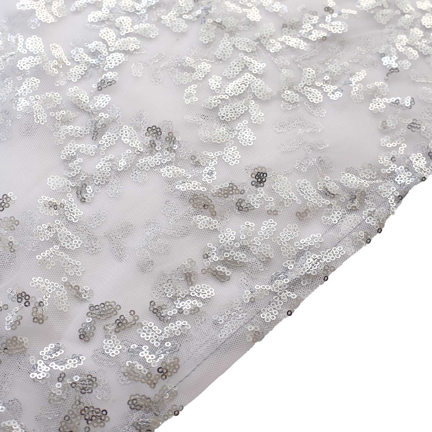 Silver sequin mesh pedestal stand covers with leaf vine embroidery.