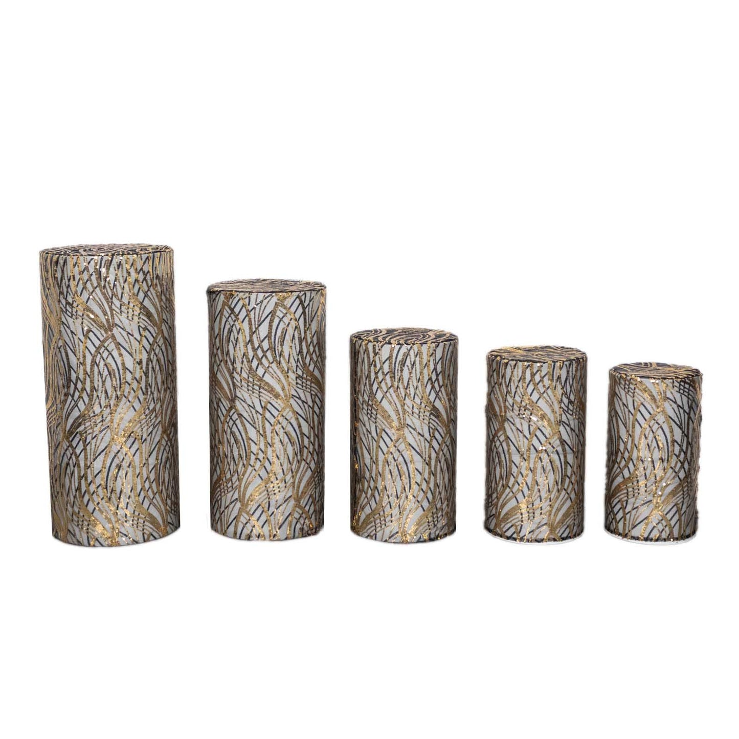 Set of 5 black mesh pedestal stand covers with embroidered sequins.