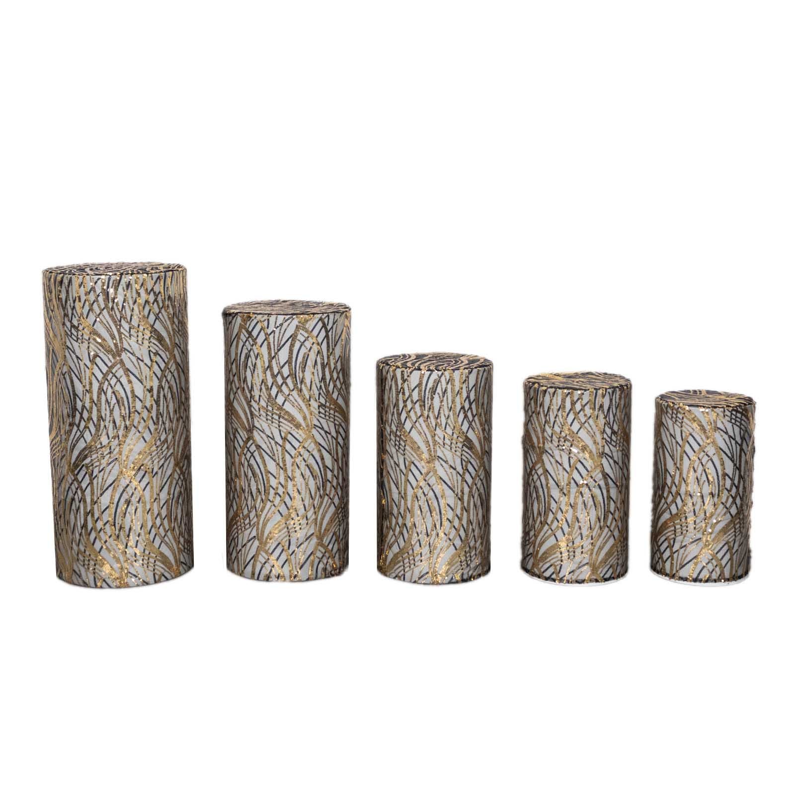 Set of 5 black mesh pedestal stand covers with embroidered sequins.