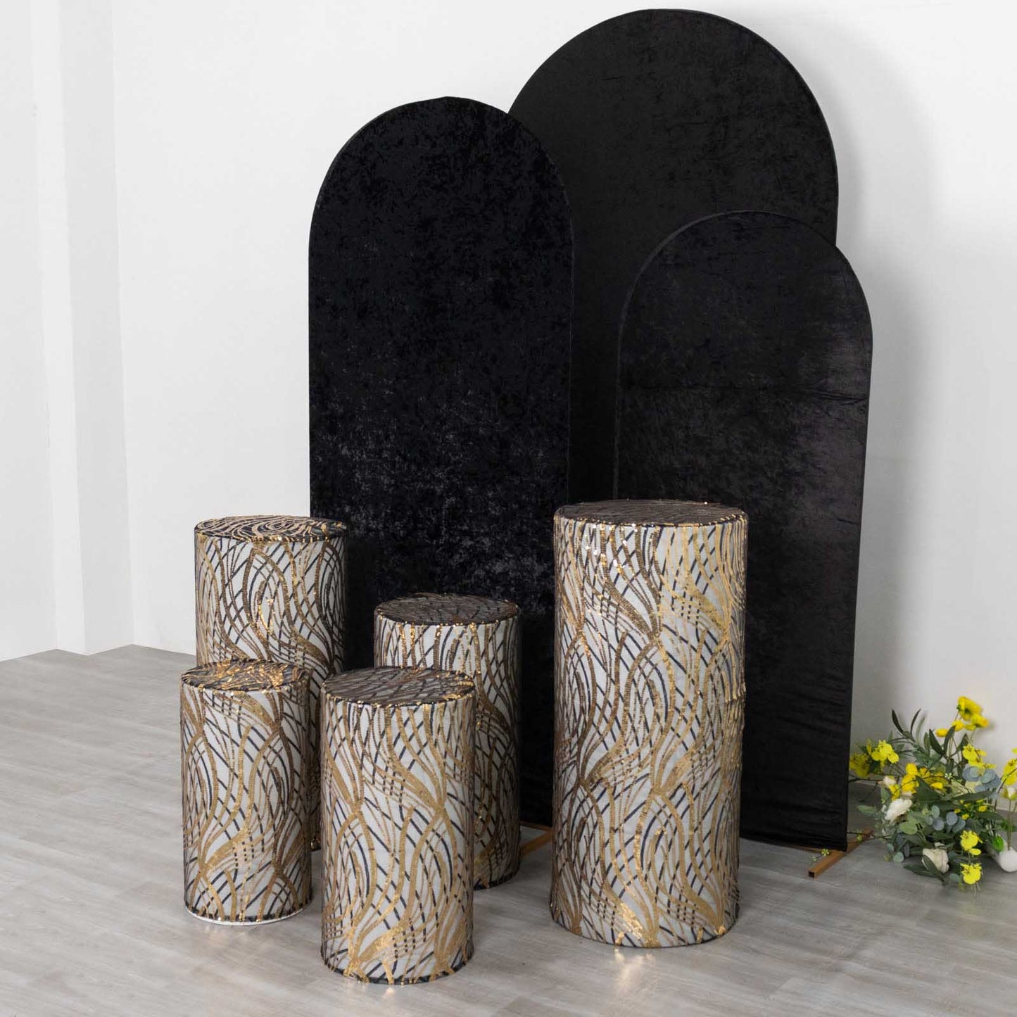 Set of 5 black wave mesh pedestal stand covers with embroidered sequins.