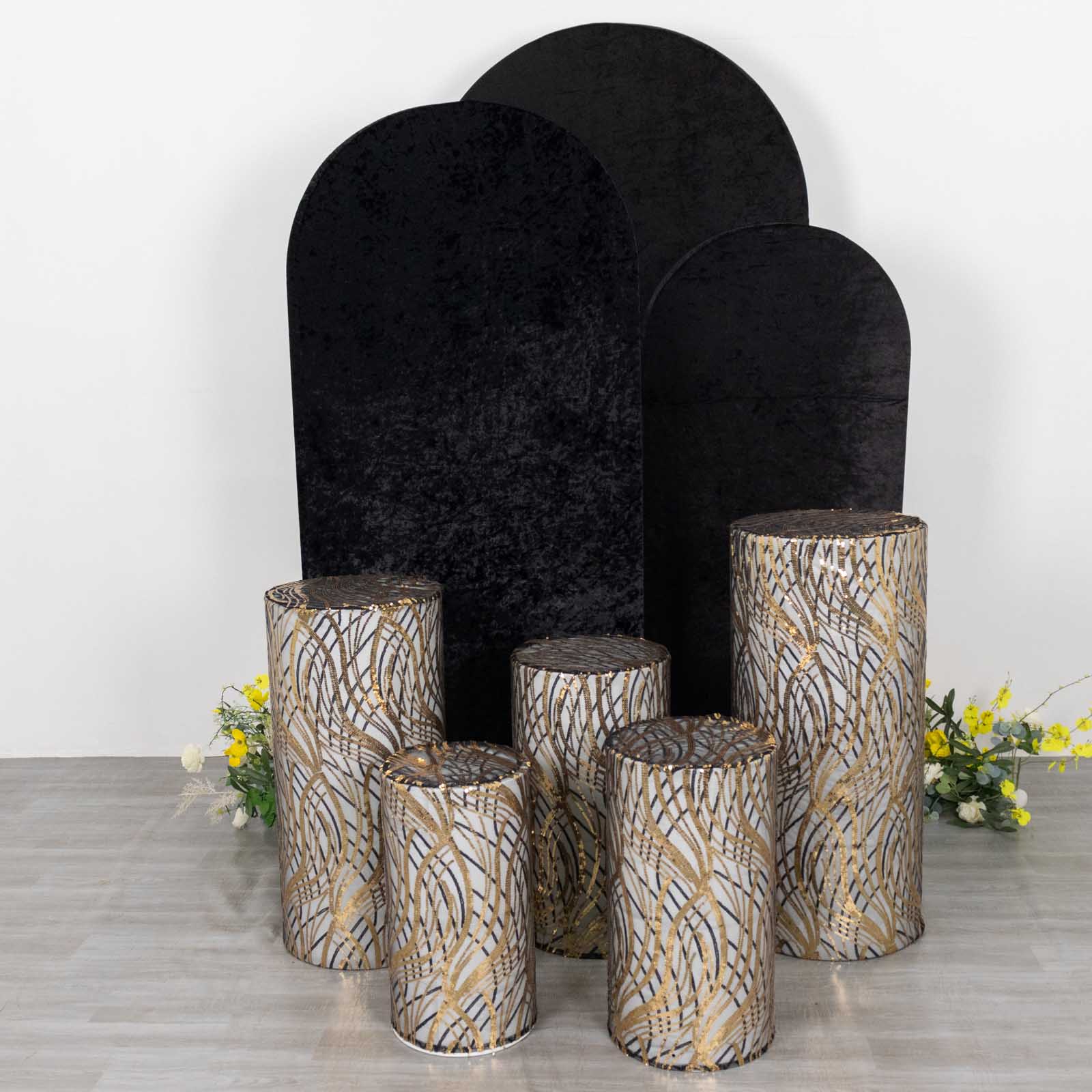 Set of 5 black pedestal stand covers with embroidered sequins.