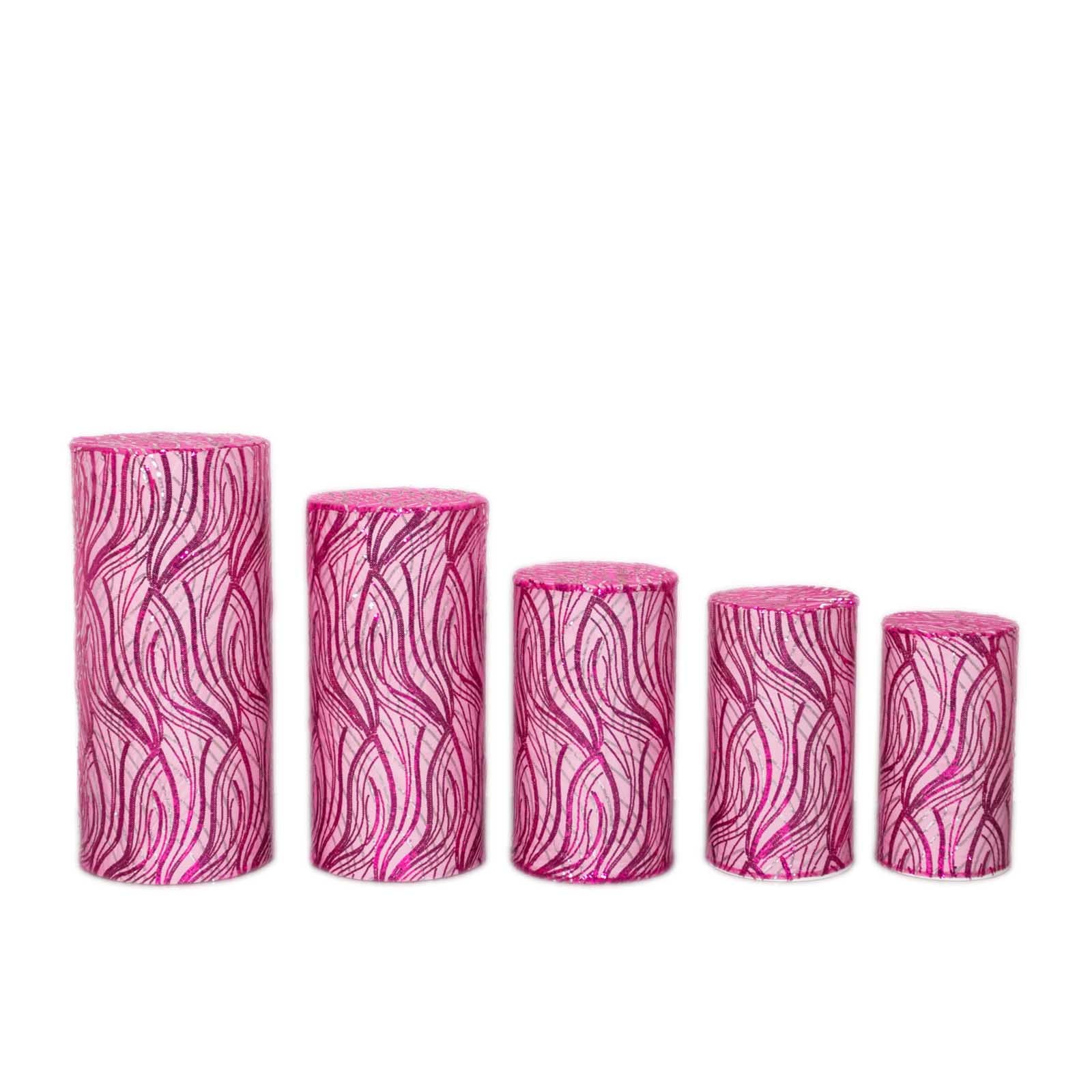 Fuchsia wave mesh cylinder pedestal stand covers with sequins. Set of 5.
