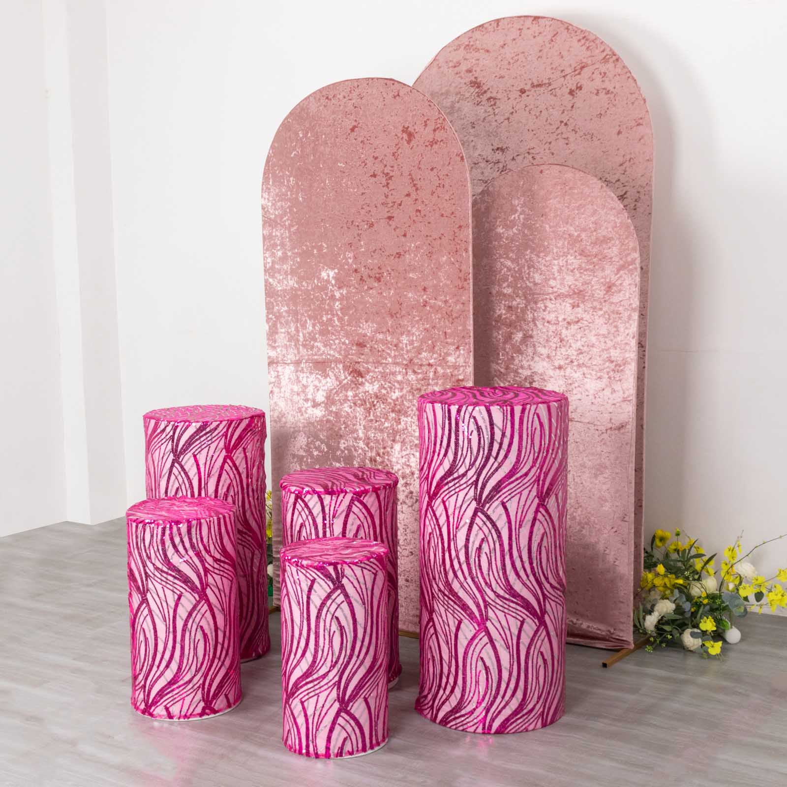 Fuchsia wave mesh cylinder pedestal stand covers with embroidered sequins.