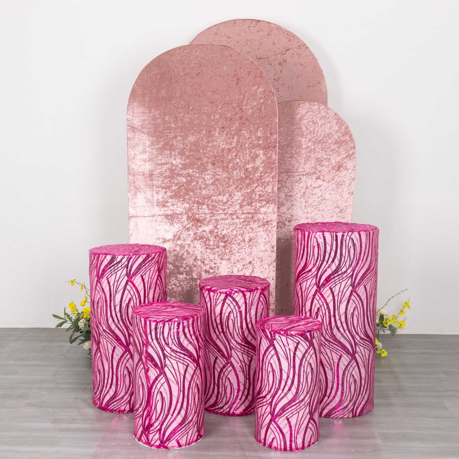 Fuchsia wave mesh cylinder pedestal stand covers with embroidered sequins.