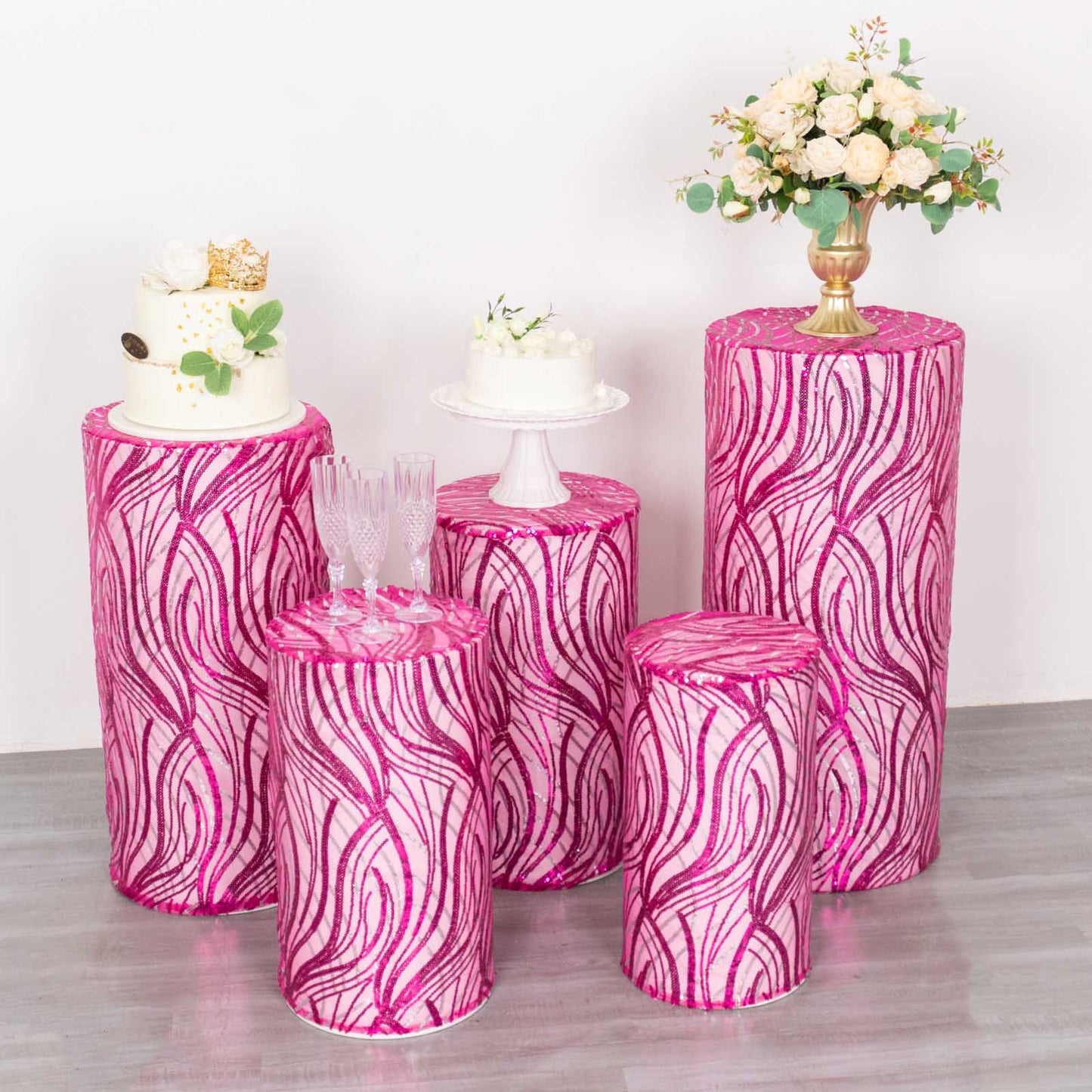 Fuchsia wave mesh pedestal stand covers with embroidered sequins, set of 5.