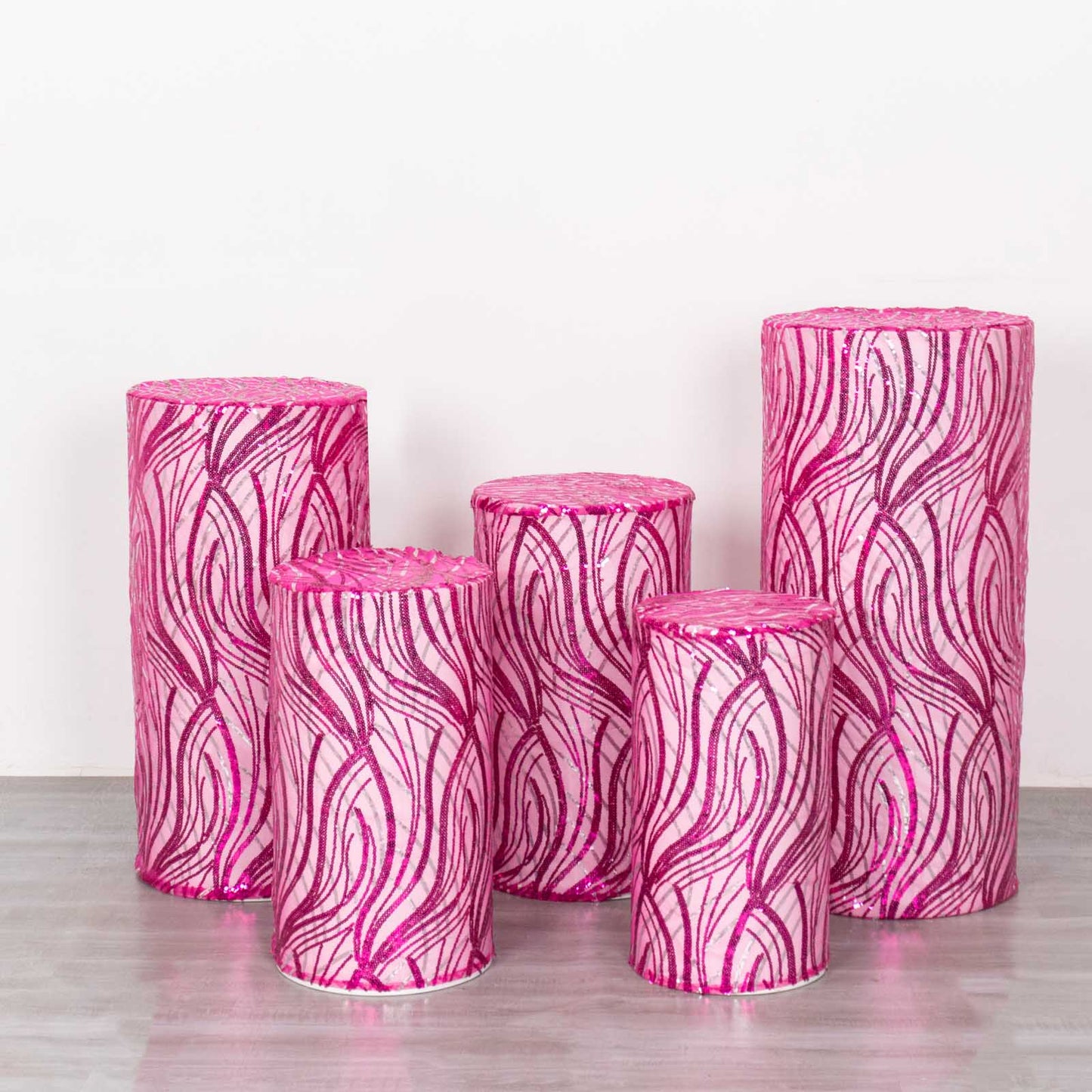 Fuchsia wave mesh pedestal stand covers with embroidered sequins. Set of 5.