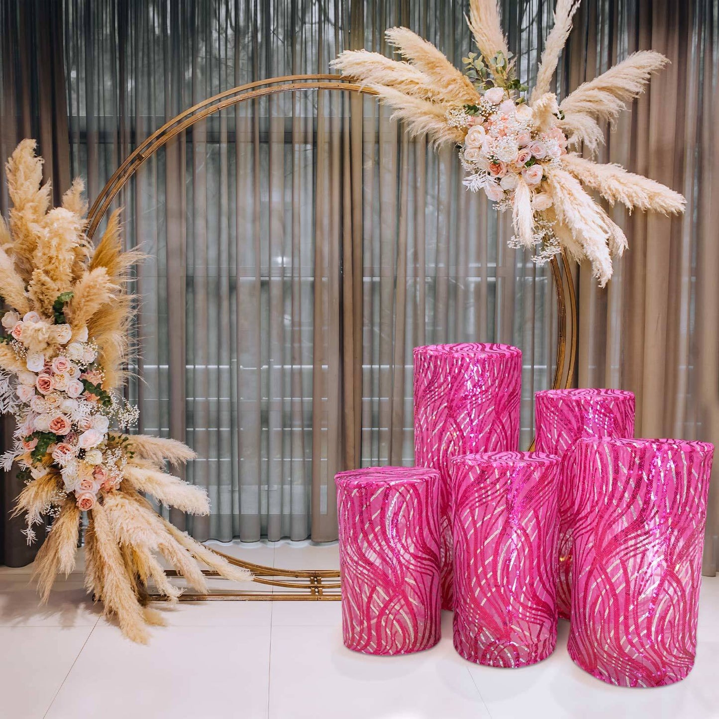 Fuchsia wave mesh cylinder pedestal stand covers with embroidered sequins.