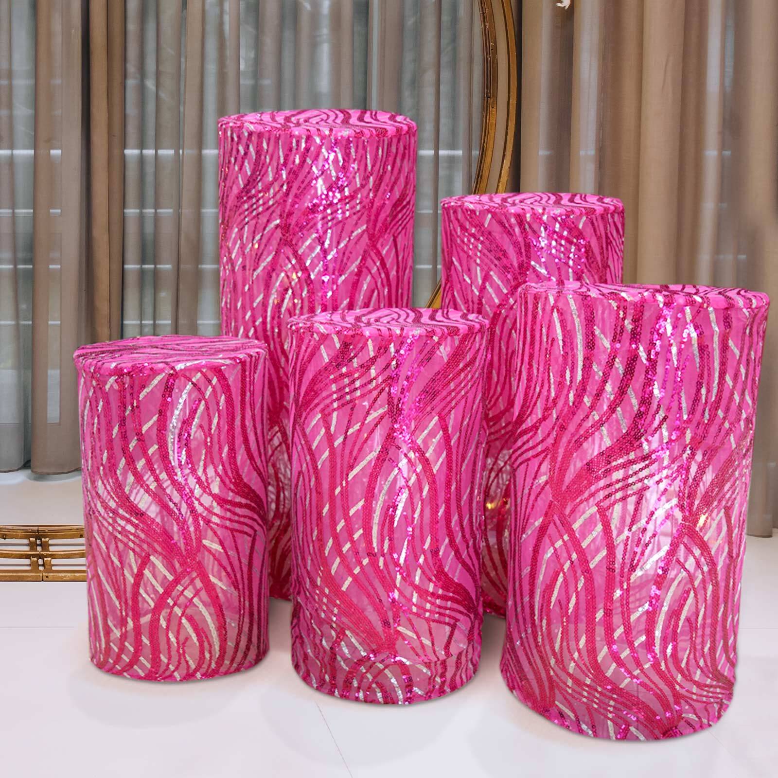 Fuchsia wave mesh cylinder pedestal stand covers with embroidered sequins.
