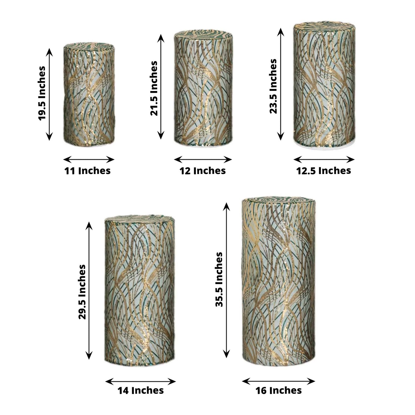 Set of 5 hunter green wave mesh cylinder pedestal stand covers with sequins.