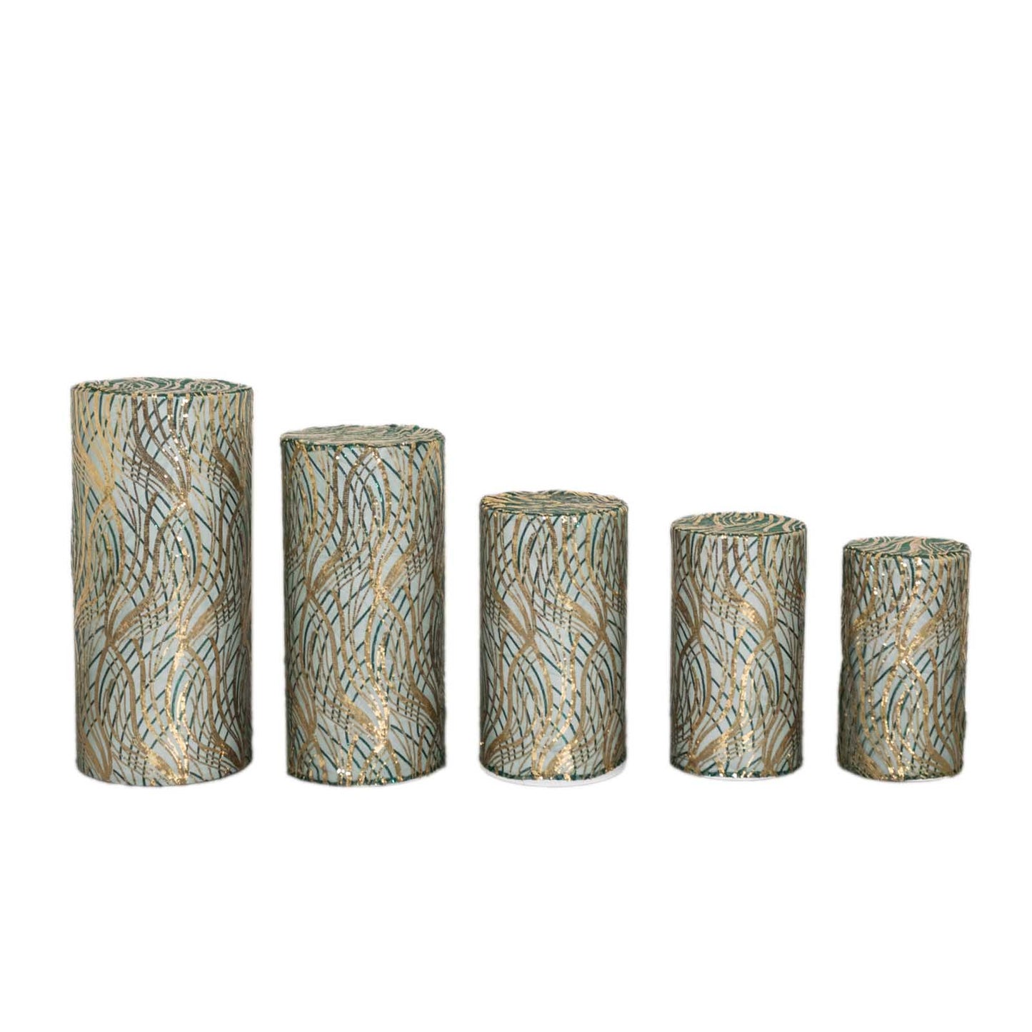 Set of 5 hunter green wave mesh pedestal stand covers with embroidered sequins.