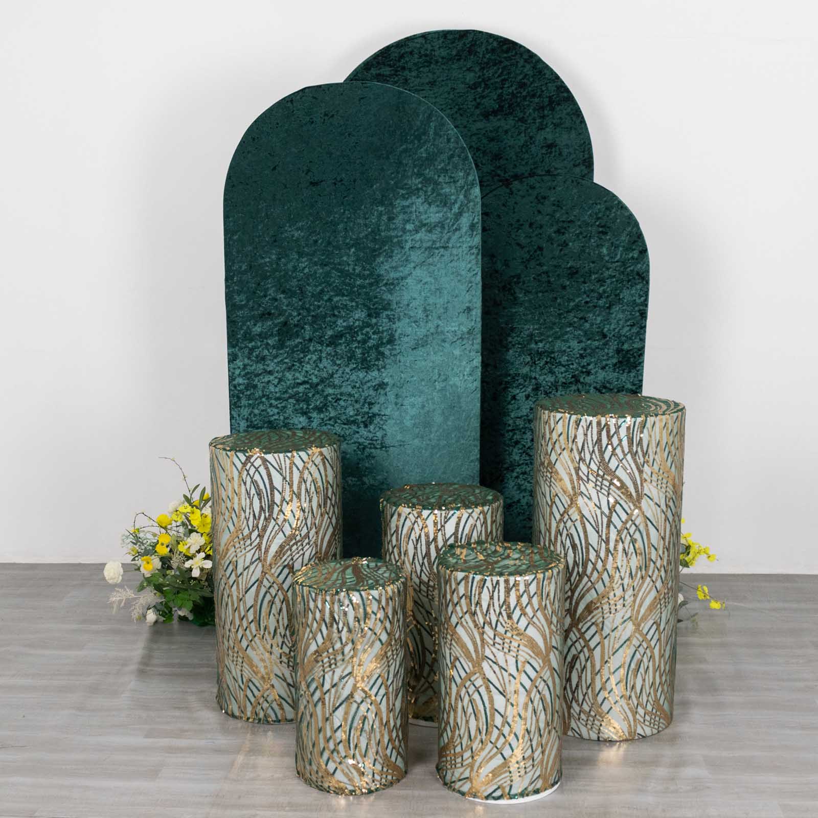 Hunter green mesh cylinder pedestal stand covers with embroidered sequins.