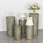 Set of 5 hunter green wave mesh pedestal stand covers with sequins.