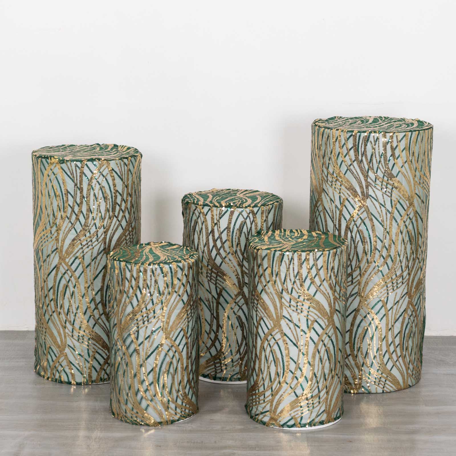 Hunter green wave mesh pedestal stand covers with embroidered sequins.