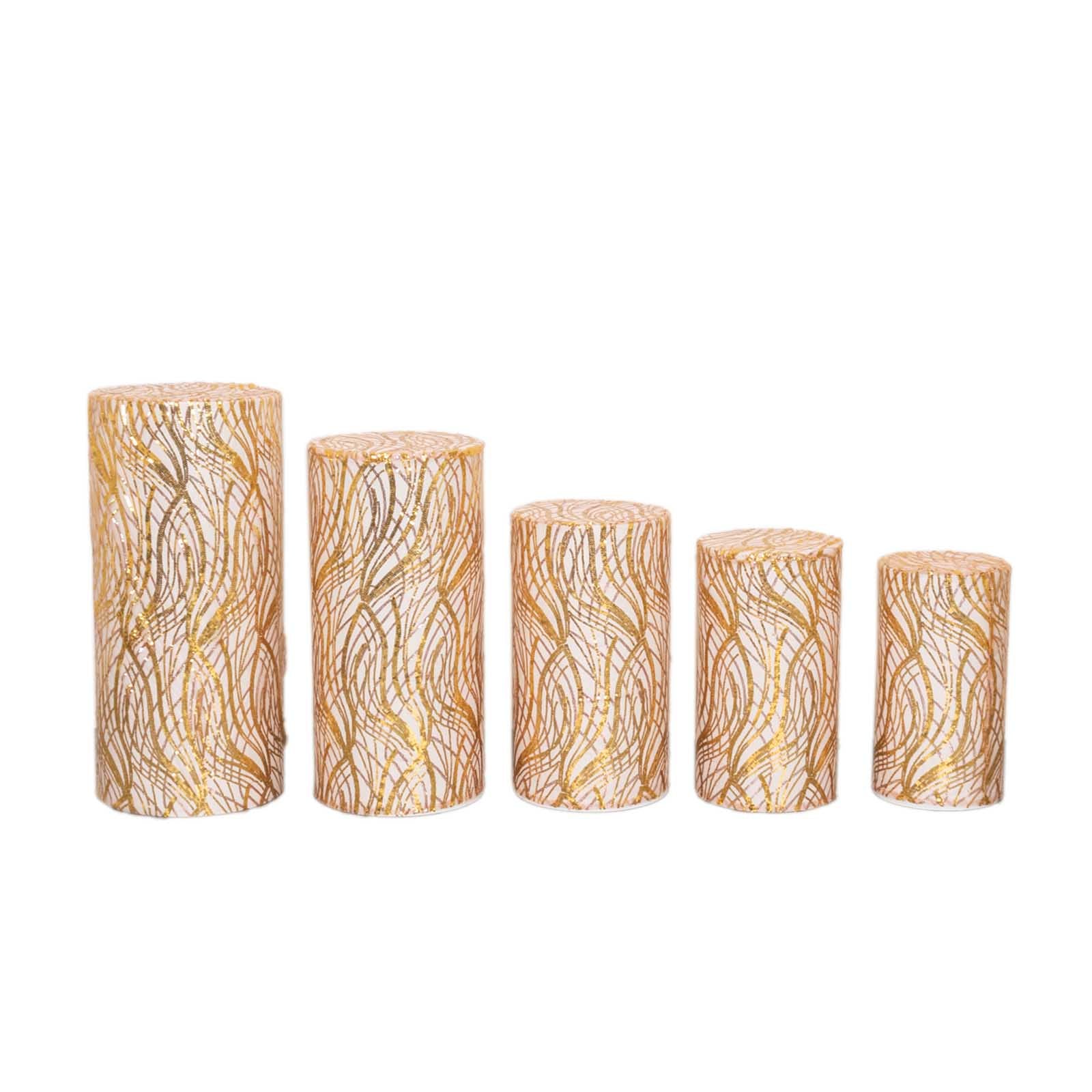 Set of 5 gold wave mesh pedestal stand covers with embroidered sequins.