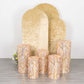 Set of 5 rose gold wave mesh cylinder pedestal stand covers with sequins.