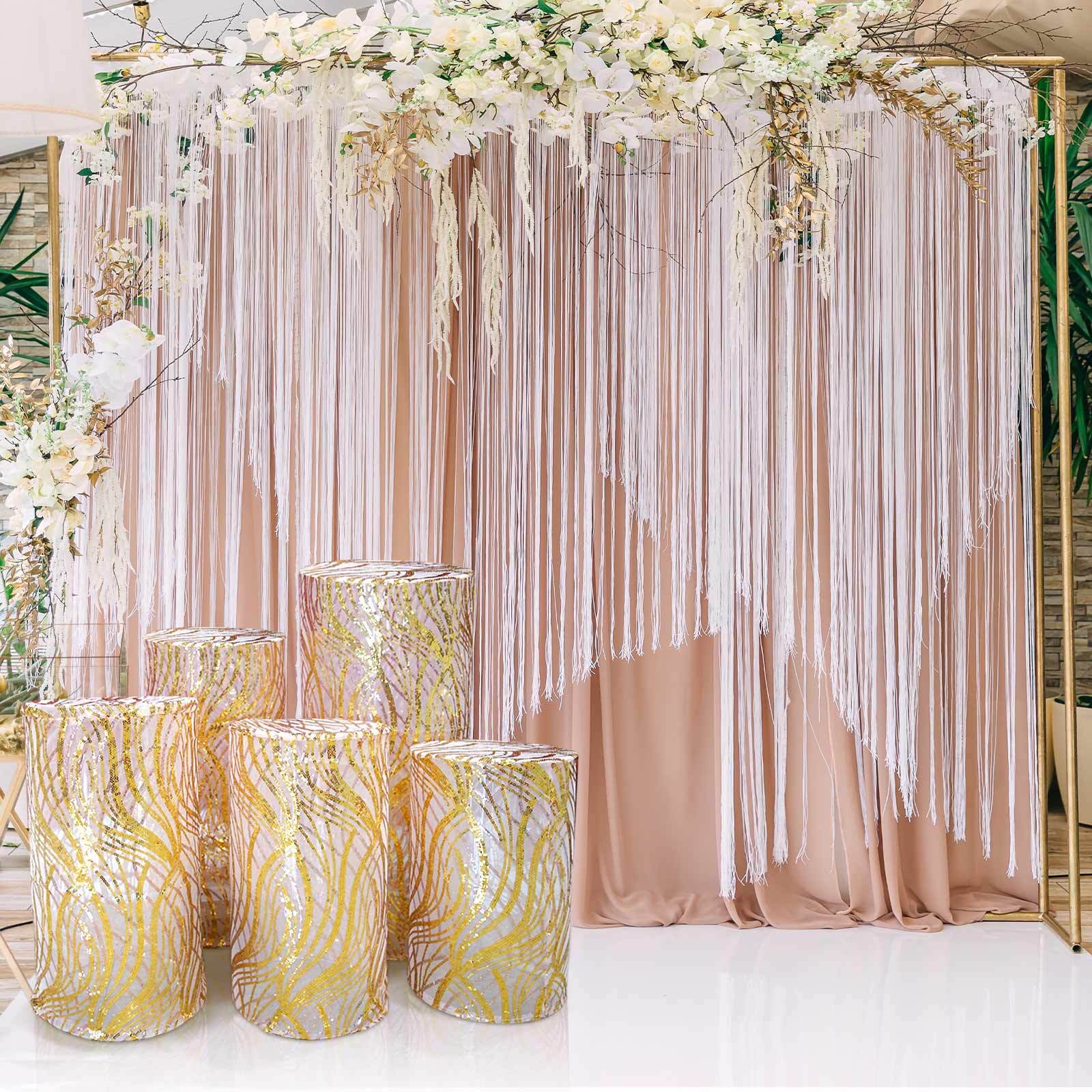 Gold wave mesh pedestal stand covers with embroidered sequins.