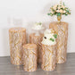 Gold wave mesh cylinder pedestal stand covers with embroidered sequins.