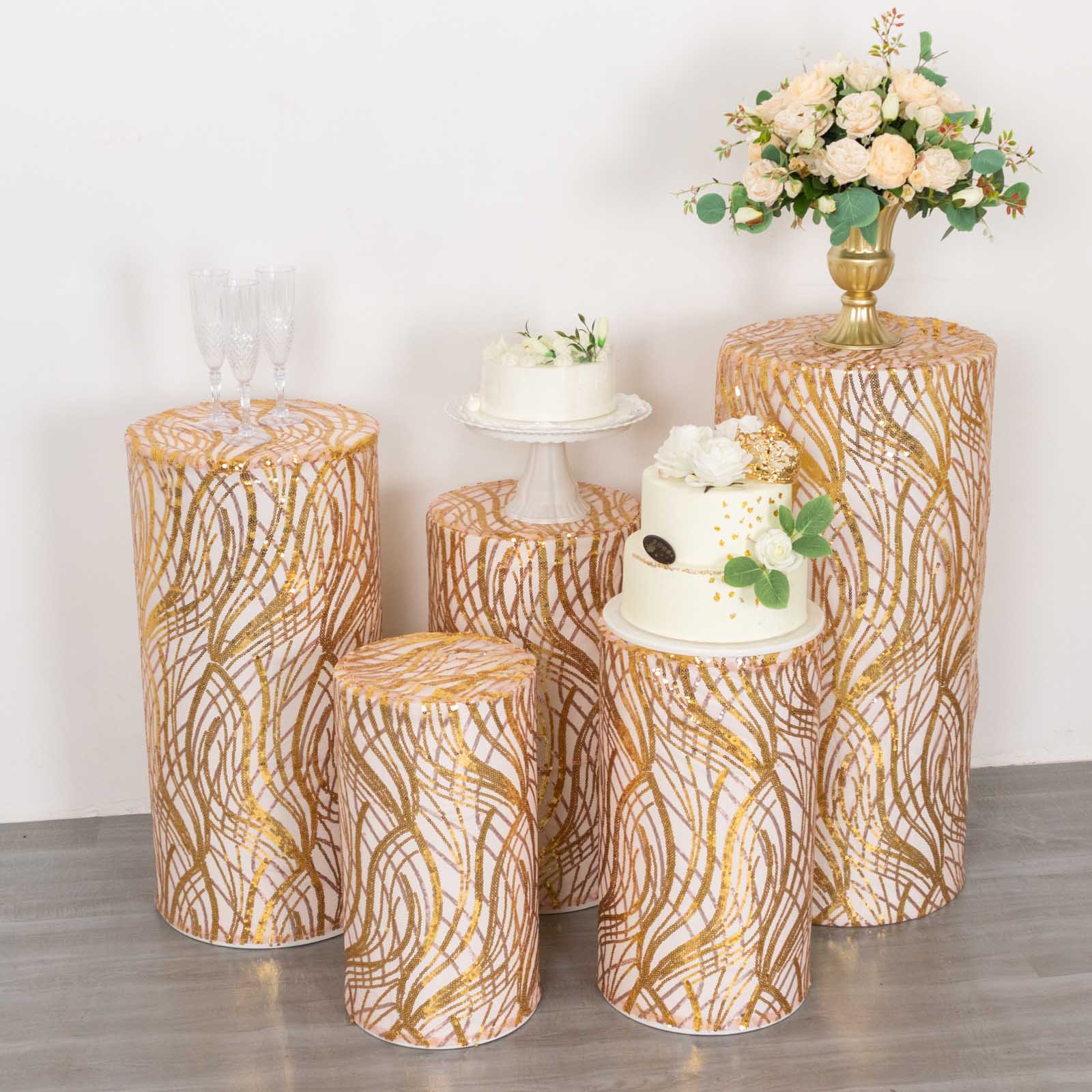 Gold wave mesh cylinder pedestal stand covers with embroidered sequins.