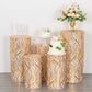 Rose gold wave mesh cylinder pedestal stand covers with embroidered sequins.