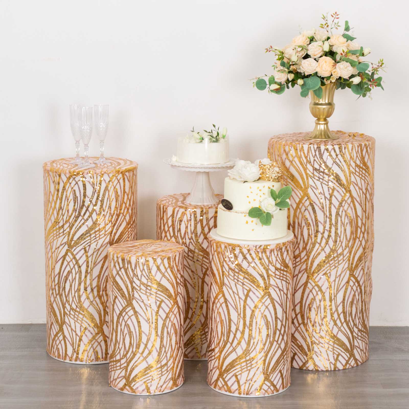 Rose gold wave mesh cylinder pedestal stand covers with embroidered sequins.