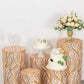 Gold wave mesh pedestal stand covers with embroidered sequins.