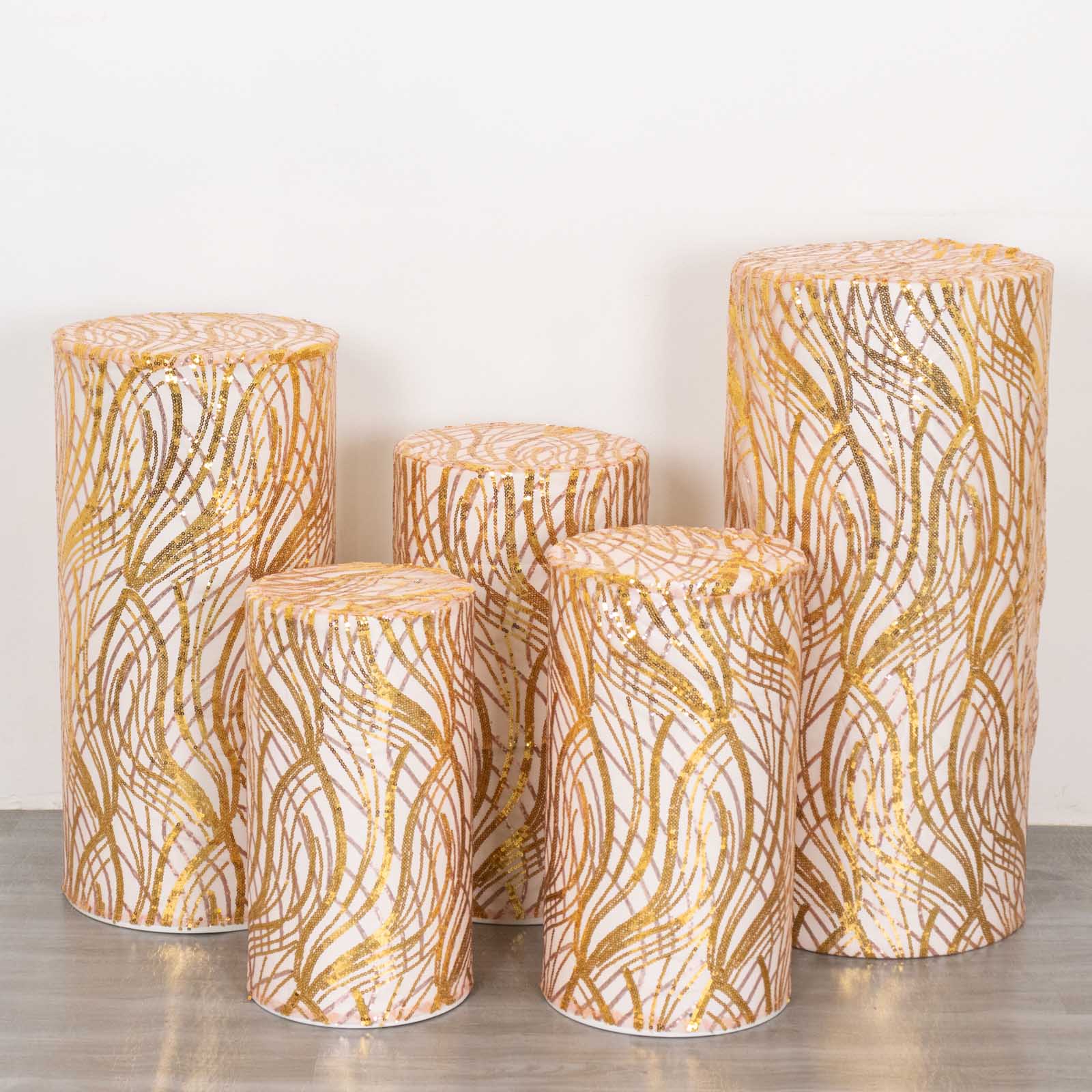 Set of 5 rose gold wave mesh pedestal stand covers with sequins.