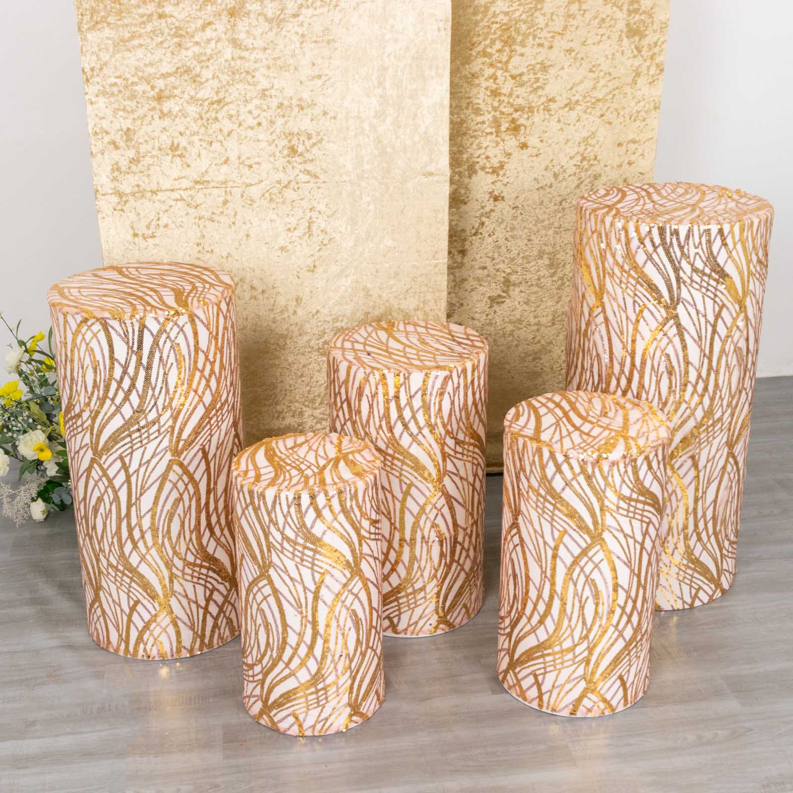 Rose gold wave mesh pedestal stand covers with sequins. Set of 5.