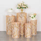Set of 5 rose gold wave mesh cylinder pedestal stand covers with sequins.