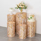Set of 5 rose gold wave mesh cylinder pedestal stand covers with sequins.