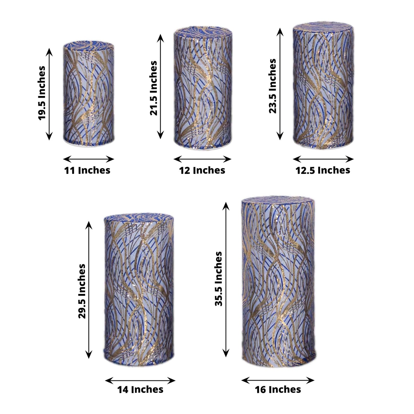 Royal blue wave mesh pedestal stand covers with embroidered sequins.