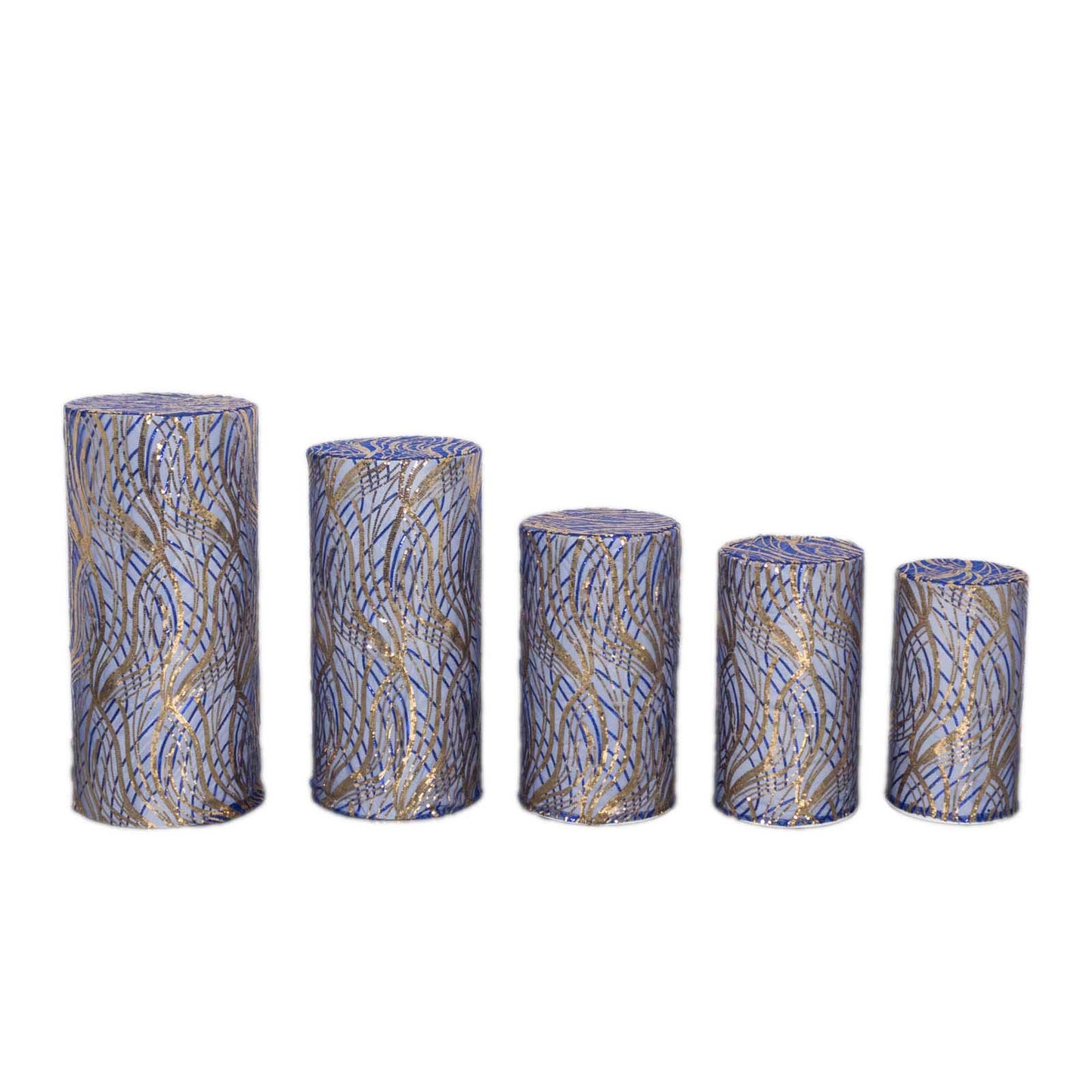 Royal blue wave mesh cylinder pedestal stand covers with embroidered sequins.