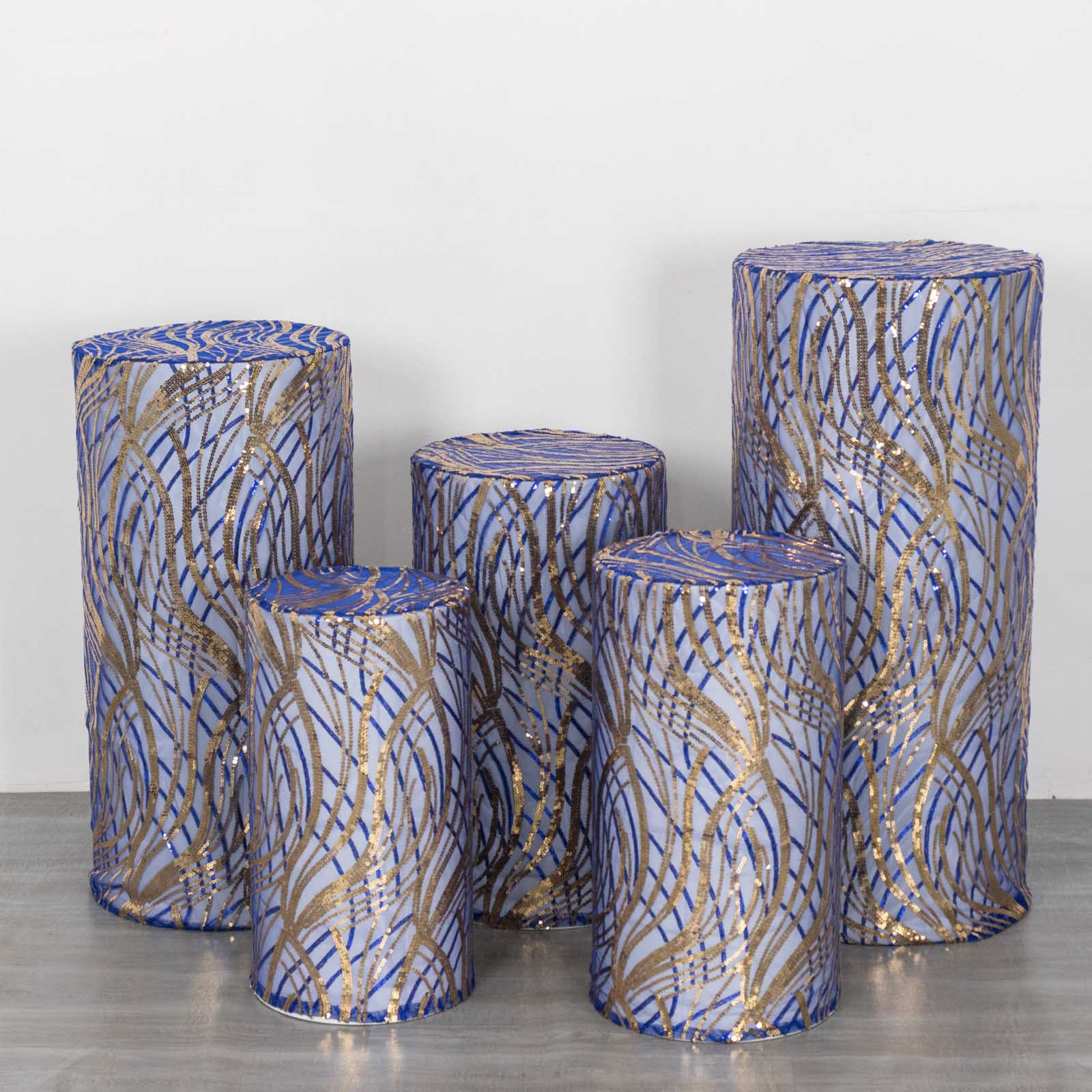 Royal blue wave mesh pedestal stand covers with embroidered sequins.