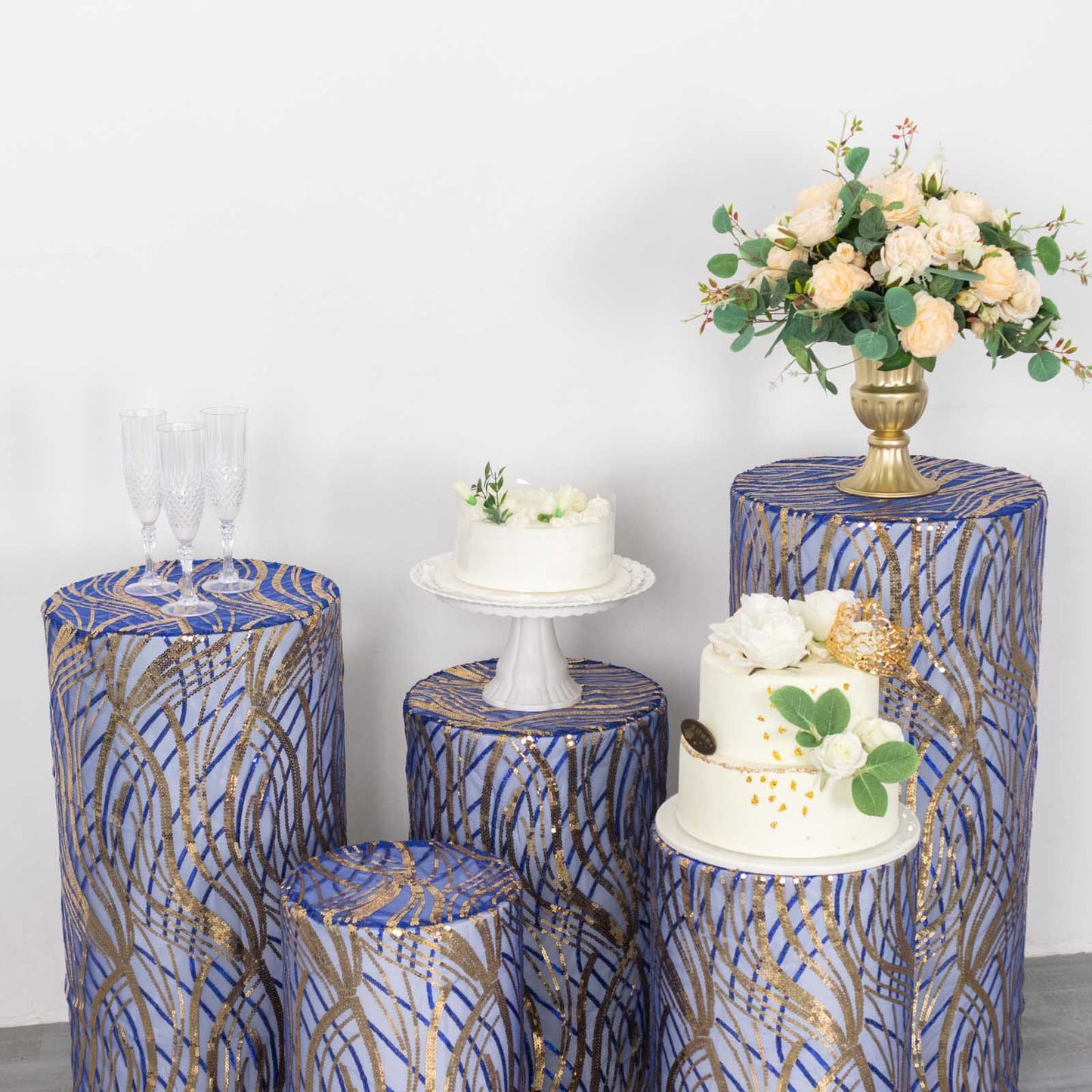 Royal blue pedestal stand covers with embroidered sequins and wave mesh design.