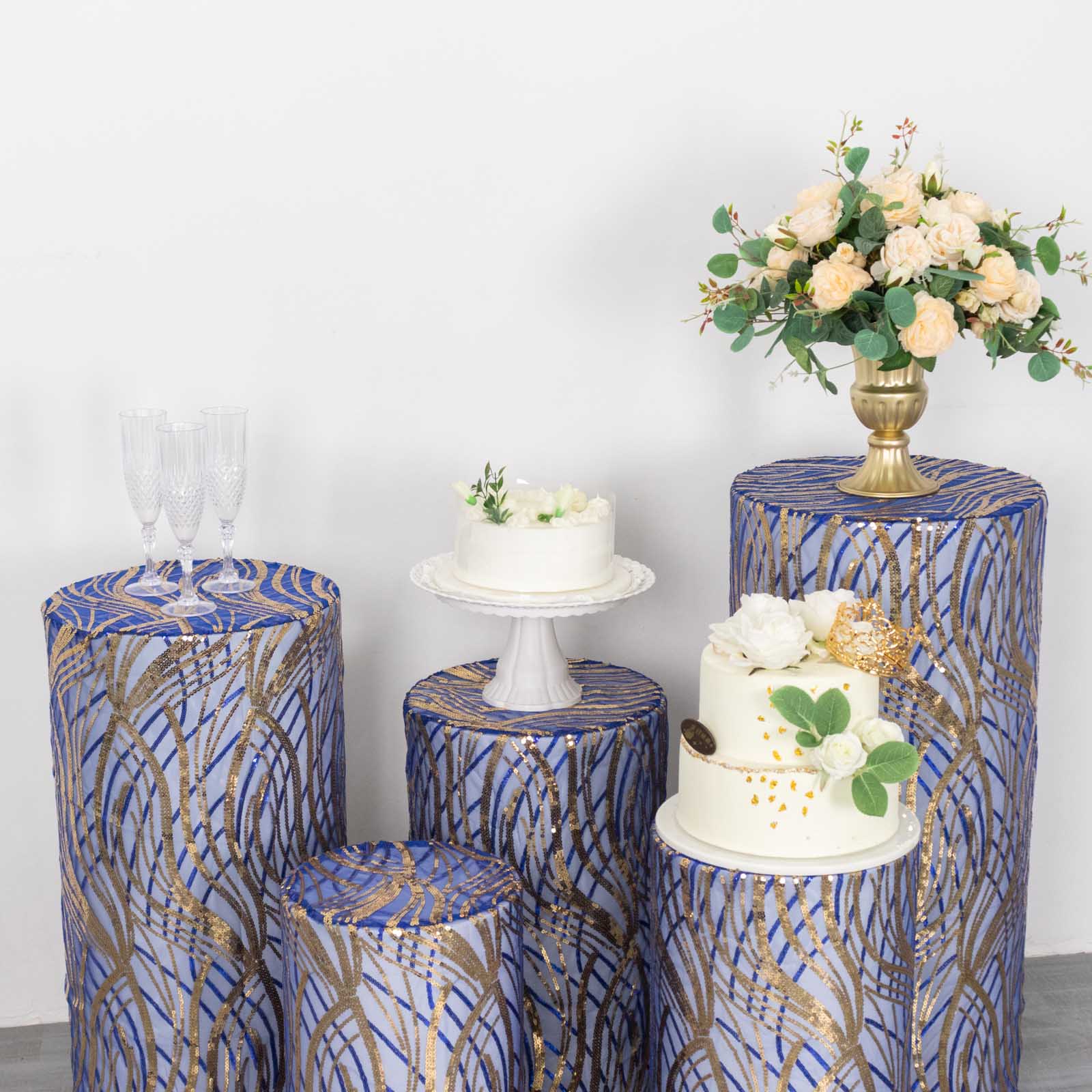 Royal blue pedestal stand covers with embroidered sequins and wave mesh design.